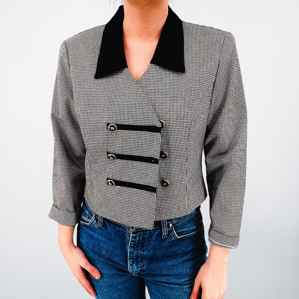 Vintage Black & White Houndstooth Military Button Up Collared Jacket - Size 14
